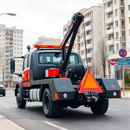 A realistic illustration of a modern tow truck (evacuator) parked on a Moscow street, with recognizable Russian city architecture in the background, such as typical apartment buildings and street signs, but without any visible text or logos. The focus is on the vehicle type, showing its robust chassis, winch, and hook, under a slightly overcast sky.