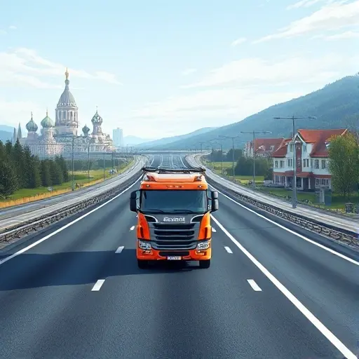 A realistic illustration of a tow truck driving on a highway between Moscow and Balashikha, showing the Moscow skyline on one side and the suburban landscape of Balashikha on the other, with clear road markings and a subtle map overlay indicating the route, all in a detailed, high-resolution style