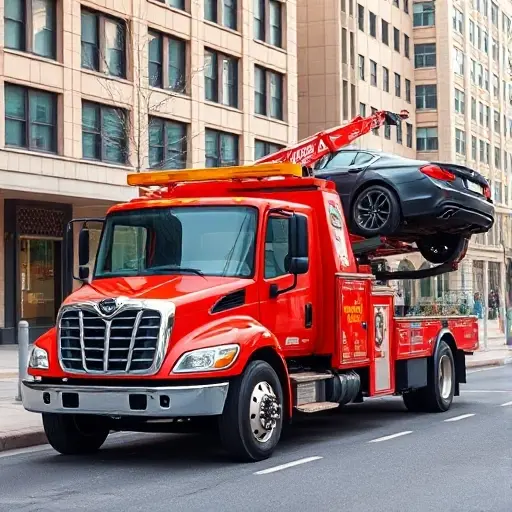 a bright red tow truck parked on a city street, with a car being lifted by its hydraulic winch, realistic style, no text or logos