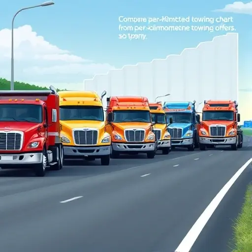 A realistic illustration of a highway scene showing several distinct tow trucks from different companies lined up side by side, each with unique colors and designs, with a subtle overlay of a comparison chart silhouette in the background, all without any readable text or symbols, emphasizing the concept of comparing per‑kilometre towing offers.
