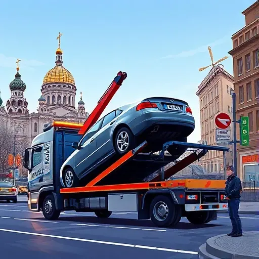 Эвакуатор забрал машину в Москве: Куда она попадает и что делать? A realistic scene of a tow truck in Moscow lifting a parked car onto its platform, with recognizable Moscow architecture such as the Kremlin dome or typical high-rise buildings in the background, a busy street with traffic signs and streetlights, and a concerned driver standing nearby, all depicted in a clear, detailed style without any text or logos