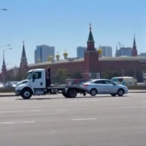 A tow truck pulling a car on a Moscow street, with the iconic Moscow skyline in the background, no text or signage, no people, no cars other than the tow truck and the towed vehicle