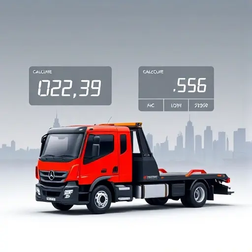 A modern tow truck positioned beside a sleek digital calculator interface, with a faint silhouette of Moscow's skyline in the background, conveying the concept of a towing cost calculator without any visible text or numbers, realistic lighting and clean composition