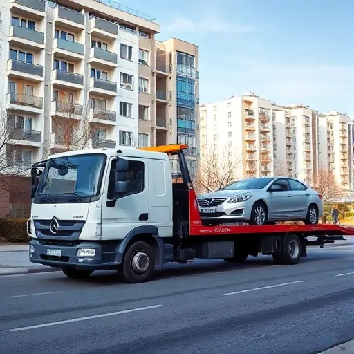 эвакуатор реутов A realistic tow truck parked on a quiet street in Reutov, with modern residential buildings in the background, a small car being towed on a flatbed, bright daylight, no text or signage visible