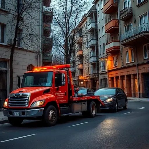 Эвакуация Автомобиля по Адресу: 2-я Чоботовская Аллея – Полное Руководство A tow truck pulling a car on a city street, with a backdrop of a residential alley that suggests 2nd Chobotovskaya Alley, realistic lighting, no people, no other vehicles, no text or signage visible