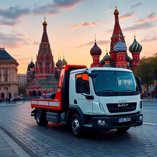 Эвакуатор в Москве: Полное руководство от "Эвакуаторк" A modern tow truck parked on a cobblestone street near Red Square in Moscow, with the iconic St. Basil's Cathedral in the background, showcasing the city skyline at dusk, in a realistic, detailed illustration.
