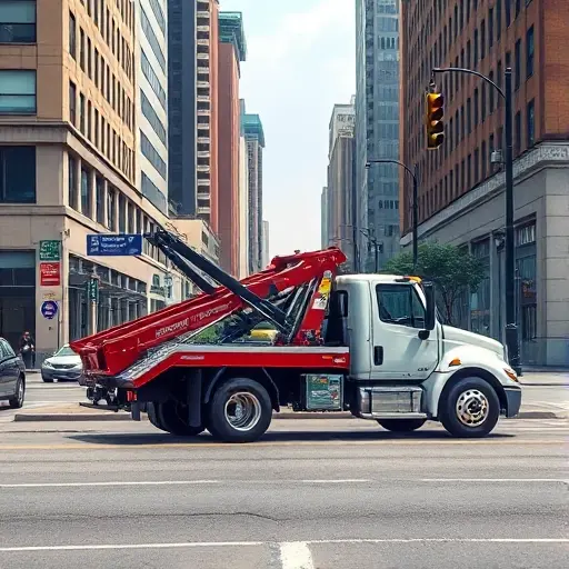 Эвакуатор на 3-й Чоботовской аллее: Полное руководство A realistic depiction of a tow truck parked on a city street, with a clear view of the surrounding urban environment, including buildings, street signs, and traffic lights, but no text or lettering visible in the image.