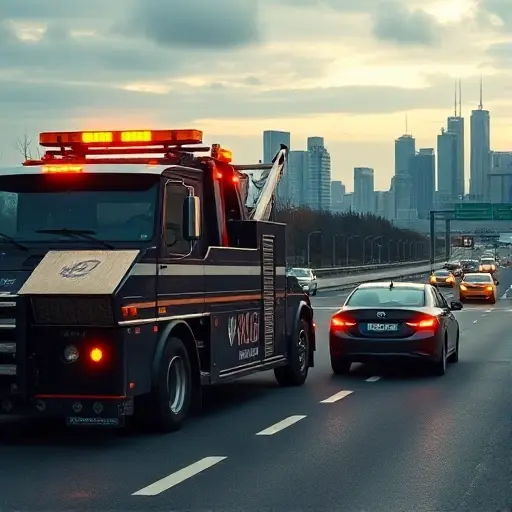 A modern tow truck with yellow warning lights parked on a busy city highway in Moscow, assisting a car with a flat tire, urban skyline in the background, realistic lighting, high detail