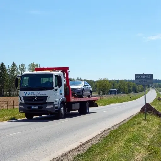 A tow truck parked on a quiet rural road in the town of Verkhny, with a car being towed, a clear sky, and a subtle sign indicating the town name, all in a realistic style, no text or lettering in the image.