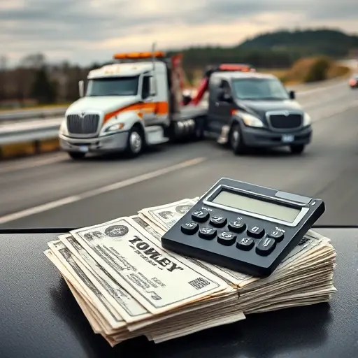 A tow truck parked beside a damaged car on a highway, with a calculator and a stack of bills in the foreground, illustrating the complexity of towing costs, all depicted in a realistic style