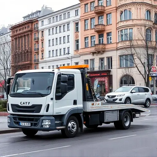 A modern tow truck parked on a Moscow street, towing a car, with typical Moscow architecture in the background, no text or signage visible, no people in the scene