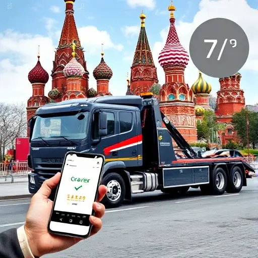 A realistic scene of a modern towing truck parked in front of a recognizable Moscow landmark such as St. Basil's Cathedral or the Kremlin, with a person holding a phone that displays a rating or a checklist icon, and a subtle 24/7 clock symbol in the background, all depicted in a clear, detailed style.