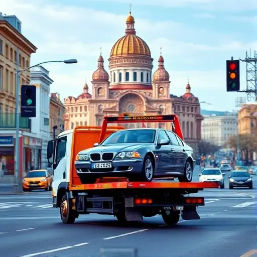Эвакуатор по Москве: Цена и Доставка до Автосервиса – Полный План Статьи A realistic scene of a tow truck driving through Moscow streets, carrying a damaged car on its platform towards an auto service garage. The cityscape shows recognizable Moscow architecture such as the Kremlin dome in the background, with streets, traffic lights, and typical urban environment. The focus is on the tow truck and the vehicle being transported, emphasizing the service of vehicle recovery and delivery to a repair shop.