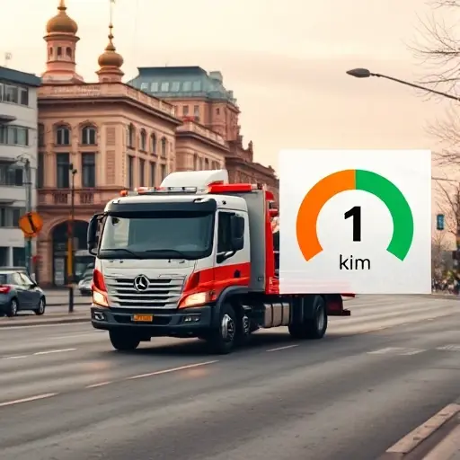 A realistic scene of a tow truck driving on a Moscow city street with recognizable Russian architecture and street signs, a subtle overlay of a calculator and a distance gauge showing a route of 1 kilometer, the focus on the truck and the road without any visible text or numbers, conveying the concept of calculating tow truck cost per kilometer.