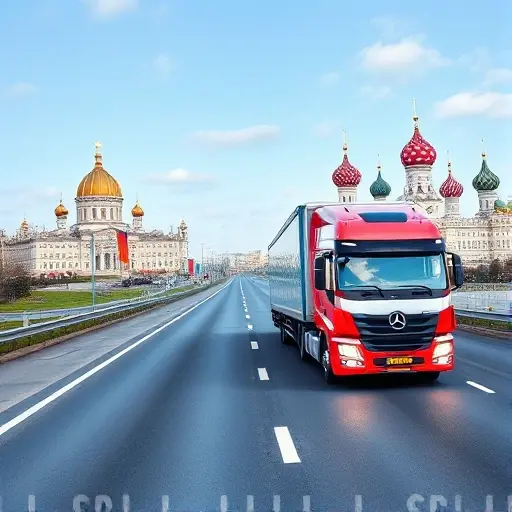 A tow truck on a highway between St Petersburg and Moscow, with the skyline of St Petersburg on one side and Moscow on the other, illustrating the journey and price concept without any text or numbers