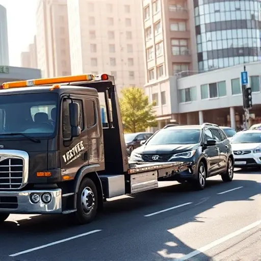 A modern tow truck pulling a broken car on a busy city street under bright daylight, with a professional driver assisting, clean urban background, emphasizing reliability and trust