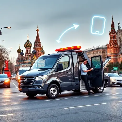 A sleek, modern tow truck parked on a busy Moscow street with recognizable city landmarks like the Kremlin silhouette in the background. A subtle visual cue of a phone call, such as a faint, glowing smartphone outline with a curved arrow looping back to the tow truck, indicating a callback service. The scene conveys reliability and convenience, with a calm, satisfied driver stepping out of the vehicle, and a clear, open road ahead. The image should be bright, professional, and convey the advantage of a callback service for customers, without any text, letters, or numbers.