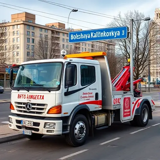 A tow truck parked on Bolshaya Kalitnikovskaya Street, with a cityscape background and a clear view of the street sign and the truck's branding, no text or numbers in the image