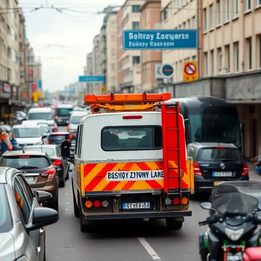 A realistic scene of a tow truck (evacuator) positioned on a narrow urban alley named Bolshoy Kazyonny Lane, surrounded by congested traffic with cars, buses, and motorcycles jammed together, showing a busy transportation situation and high vehicle density, under overcast sky, with city buildings and street signs blurred in the background, no text or lettering visible