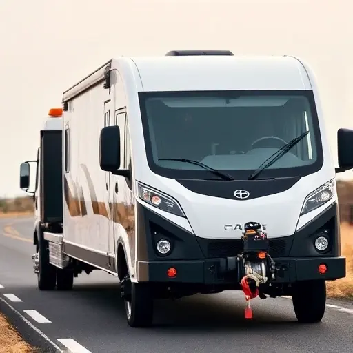 A tow truck pulling a Gazelle Next vehicle on a road, with a clear view of the vehicle's front and the tow truck's winch, set against a neutral background