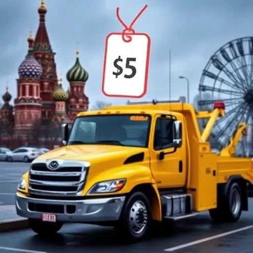 Цена на эвакуаторы в Москве A bright yellow tow truck parked near the Kremlin in Moscow, with a floating price tag icon above it, indicating the cost of towing services.