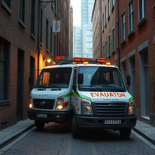 A realistic tow truck (evacuator) parked on a narrow urban alley named 5th Krasnoselsky Lane, with cobblestone pavement, old brick buildings on both sides, subtle street lighting, and a faint hint of a cityscape in the background. The scene should convey a professional, helpful atmosphere without any text, logos, or people.