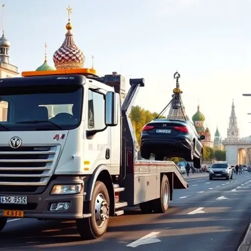 A realistic scene of a modern tow truck parked on a busy Moscow street, with recognizable Moscow landmarks such as the Kremlin domes or the Moscow River in the background, showing the truck's hook and a vehicle being lifted, under a clear sky, emphasizing professional service without any text or signage.
