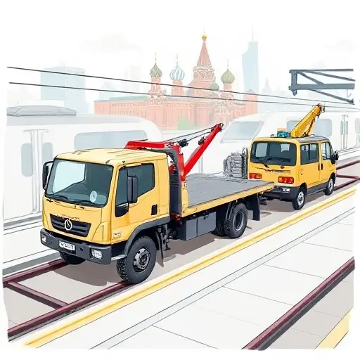 A detailed illustration of several types of tow trucks used in the Moscow metro system, including a compact flatbed truck, a hydraulic crane truck, and a specialized rail-mounted tow vehicle, all positioned on a metro platform with a stylized Moscow skyline in the background.