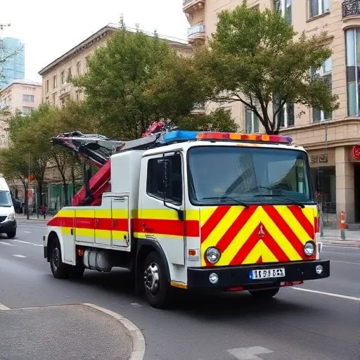 Эвакуатор на 11-й Радиальной улице: Полное руководство A realistic tow truck (evacuator) parked on a city street with trees and buildings, representing 11th Radialnaya street, with a clear view of the vehicle and surrounding urban environment, no text or signage