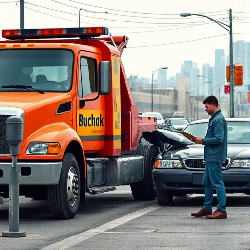 A realistic scene of a tow truck named 'Buchok' parked beside a damaged car, with a mechanic or customer standing next to it, holding a phone and a clipboard, both looking at each other as if negotiating the cost and arrival time. The setting is a street with subtle background details like a parking meter and a city skyline, all rendered in a detailed, high-quality style without any text, letters, or numbers visible.