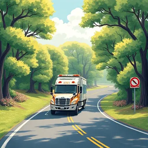 A detailed illustration of a modern tow truck (evacuator) driving along a winding road called 'Alley of Life', surrounded by lush green trees, a bright sky, and subtle symbols of safety and assistance, realistic lighting and shading, no text or signage