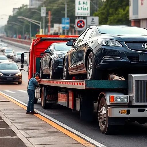A tow truck at a roadside, a mechanic lifting a car onto the truck's platform, showing the difficulty of loading and unloading, with a busy street background, realistic lighting, no text or logos