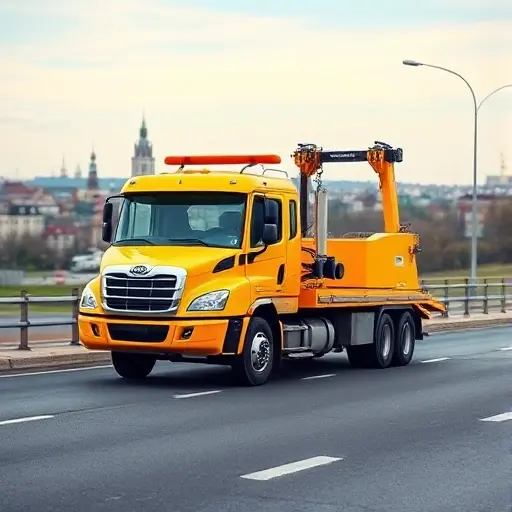 A realistic scene of a tow truck pulling a car on a road in Belgorod, Russia. The tow truck should be a modern, bright yellow model with a visible tow hook and a partially lifted vehicle. The background should include a subtle cityscape of Belgorod with recognizable architectural elements, a clear sky, and a road with lane markings. The composition should emphasize the towing action, with the car's front wheels slightly lifted and the tow hook engaged. No text, signs, or logos should be visible. The image should be high quality and suitable for a small, high-resolution format.