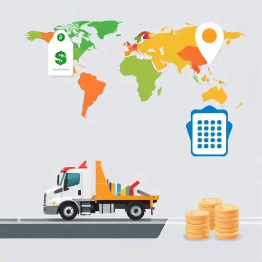 A tow truck on a road with a floating price tag icon, a stylized map in the background showing different colored regions, a calculator icon, and a stack of coins, all in a realistic style, no text or letters