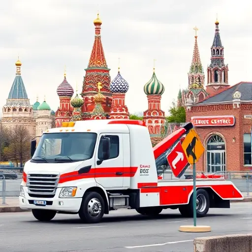 A tow truck parked near a Moscow landmark such as the Kremlin or St. Basil's Cathedral, with a city skyline in the background and a service center building in the foreground. The truck should feature symbolic icons that represent cost factors: a clock face, a fuel gauge, a weight scale, and a road sign with an arrow. No text, letters, or digits should appear in the image.