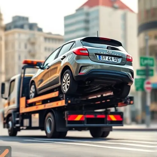 A realistic scene of a tow truck in Moscow's South-Eastern district, partially loading a compact car onto its platform. The city background shows typical Moscow buildings and street signs blurred, focusing on the truck and the vehicle being lifted. The lighting is bright daylight, with clear details on the truck's equipment and the car's half‑raised position, conveying a professional towing service.