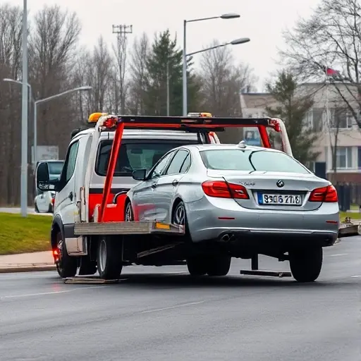 A tow truck in a Belarusian setting pulling a car that appears to lack proper documentation, with a subtle Belarus flag in the background, no visible license plates or text, no people, and a clear, realistic depiction of the towing scene