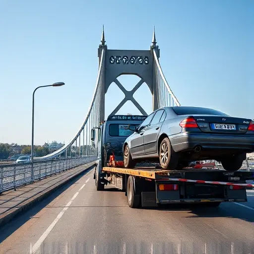 A partially loaded tow truck parked on the Aminyevsky Bridge, with a partially lifted vehicle attached, under a clear sky, showcasing the bridge's architectural details, no other vehicles or pedestrians, no text or signage