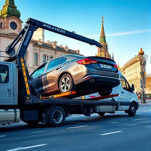 A city street scene in Moscow with a tow truck partially loading a car onto its platform. The tow truck is modern, with a hydraulic arm lifting the rear of the car. The background shows typical Moscow architecture, such as historic buildings and street lamps, under a clear sky. The focus is on the dynamic action of the partial loading, with realistic lighting and shadows.