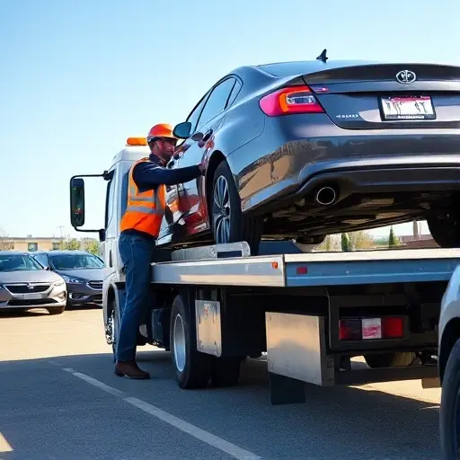 A realistic scene of a tow truck driver loading a car onto a flatbed tow truck. The driver, wearing a reflective vest and helmet, operates the hydraulic lift. The background shows a parking lot with other cars and a clear sky. No text or logos are visible.