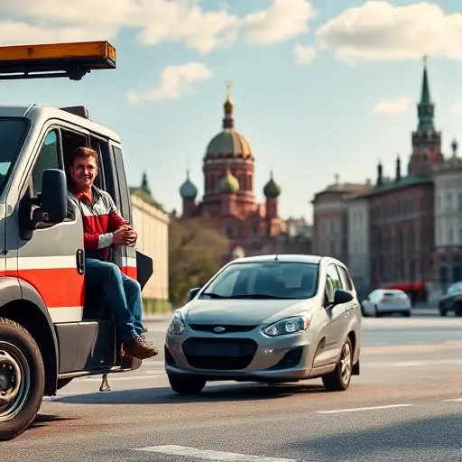вызвать эвакуатор в москве недорого A friendly tow truck driver in a modern Moscow street scene, assisting a small car that has broken down. The background shows recognizable Moscow architecture like the Kremlin dome and city buildings under a clear sky. The scene conveys reliability and affordability without any text, logos, or money symbols. The driver is smiling, and the tow truck is clean and professional, emphasizing a helpful service in the city.
