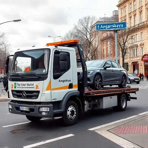 A modern tow truck parked on a busy city street, fully loaded with a car being towed. The street sign 'Angarskaya' is visible in the background. No people, no text, no logos, no other vehicles.