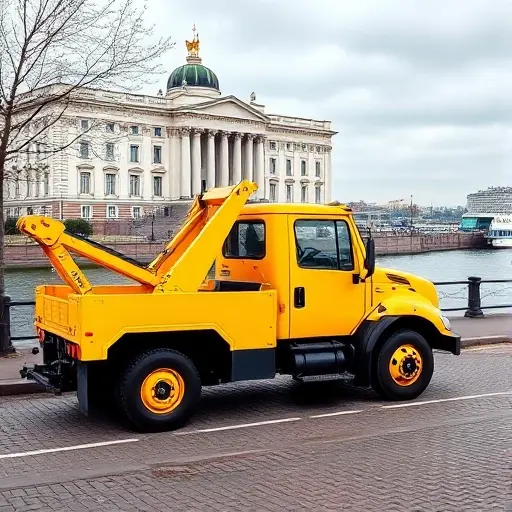 A bright yellow tow truck parked on a cobblestone street in front of the St. Petersburg Palace of Culture, with the Neva River in the background, no people, no text.