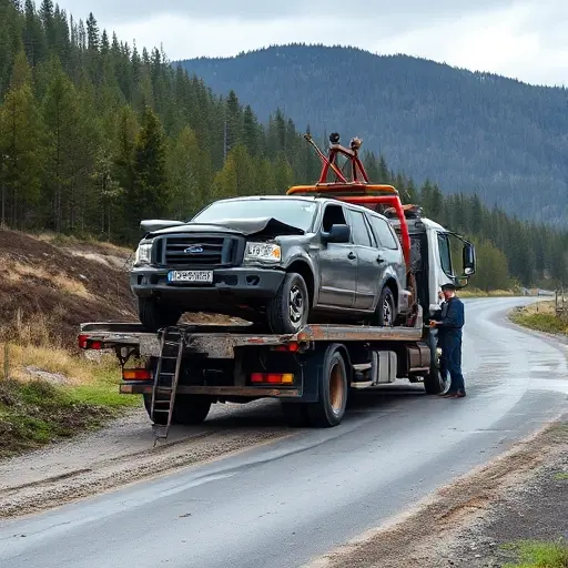 A tow truck in the Nizhny Novgorod region struggling to load and unload a damaged vehicle on a rural road, with workers using hydraulic equipment, uneven terrain, and a backdrop of forested hills