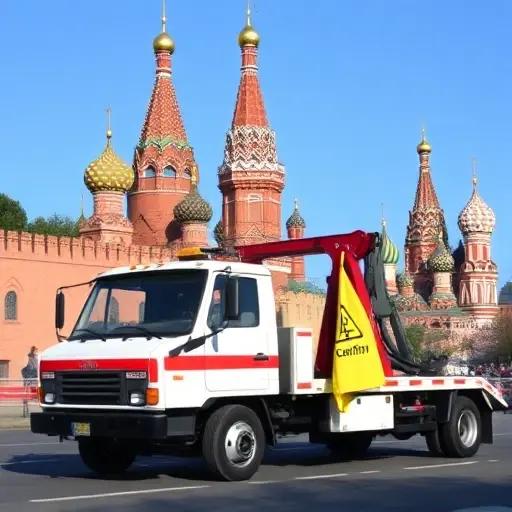 A tow truck parked in front of iconic Moscow landmarks such as the Kremlin and St. Basil's Cathedral, with a bright yellow caution sign hanging from its back, set against a clear blue sky. The scene conveys the idea of towing services and regulatory conditions without any textual elements.