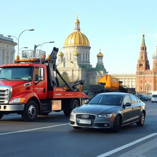 эвакуатор для неправильно припаркованной машины москва A tow truck in Moscow pulling a wrongly parked car onto the street, with recognizable Moscow architecture such as the Kremlin dome or typical city buildings in the background, clear daytime lighting, realistic details, no text or signage
