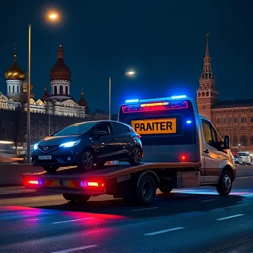 A realistic night scene of Moscow city streets with a modern tow truck equipped with flashing blue lights, pulling a broken car onto its platform. The background shows recognizable Moscow architecture such as the Kremlin domes and street lamps, with a subtle glow of city lights, conveying 24‑hour service without any text or signage.