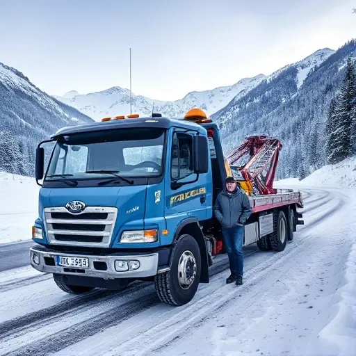 A realistic tow truck parked on a snowy Ural road, with a smiling client standing beside it, in a scenic mountain setting, no text or signage