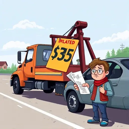 A tow truck parked on a city street with a customer holding a large, exaggerated price tag floating above the truck, symbolizing overpayment for towing services. The scene should convey frustration and the sense of inflated costs, with a subtle background of a cityscape and a billboard hinting at high prices, but no visible text or numbers.