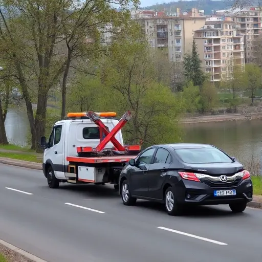 Эвакуатор в Левобережном районе: Полное руководство A tow truck pulling a broken car on a city street in the Levoberezhny district, with residential buildings, trees, and a riverbank in the background, daytime, realistic, no people, no signage